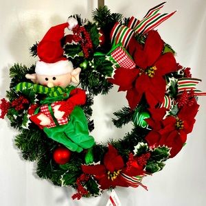 26” Whimsical Christmas Elf & Poinsettia Wreath